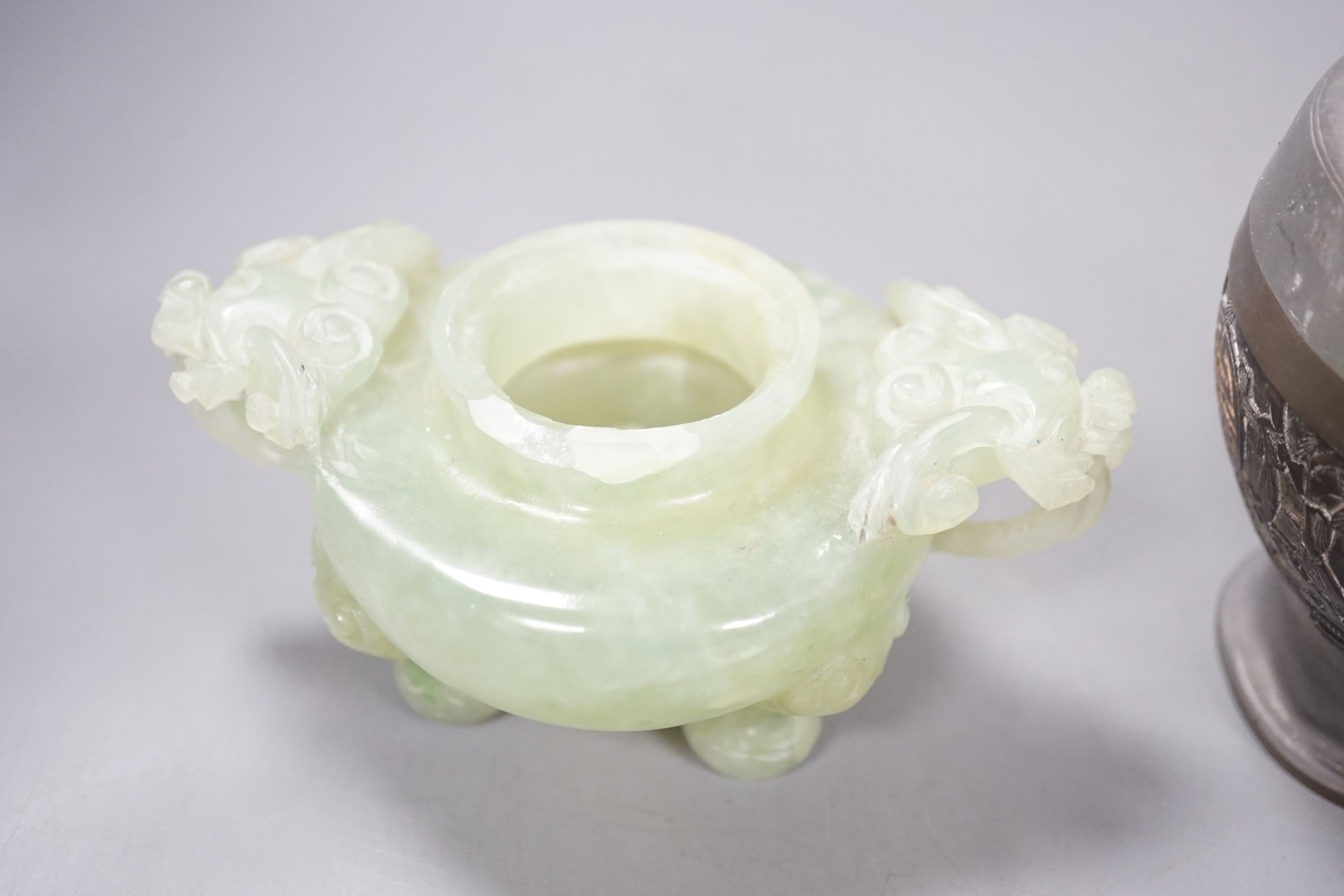 A Chinese bowenite jade censer and cover together with a soapstone tablet and a coconut and pewter tea canister